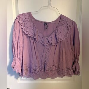 Anthropologie Purple Lace Trim Blouse